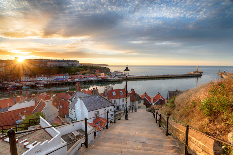 At the top of the 199 steps in Whitby looking out to sea.